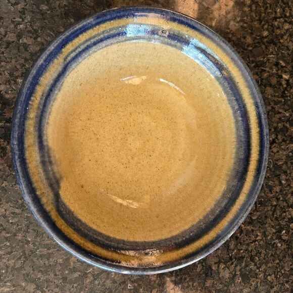 Handcrafted Ceramic Bowl with Blue and Tan Stripes - Picture 1 of 8